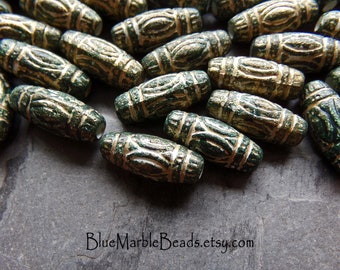 24 Vintage Etched Carved Green and Gold Tube Beads, Boho Beads, Etched Bead, Carved Bead, Vintage Lucite, Matte Bead, Distressed, 16mm