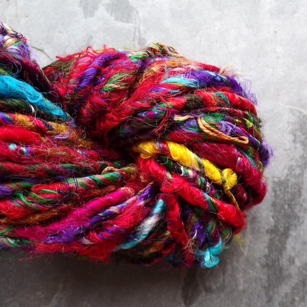DISCONTINUING FROM STOCK Recycled Silk Sari Yarn, Multi-colored Boho Fiber Art, Tribal Fuzzy Yarn