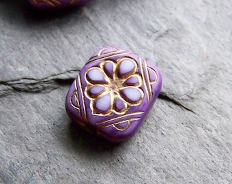 10 Purple and Gold Etched Acrylic Floral Tab Beads, 12mm, Boho Jewelry Supplies, Flower Beads, Purple Beads, Etched Beads