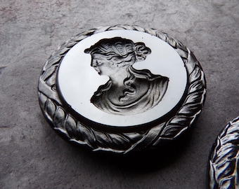 Vintage Intaglio Cameo Cabochon, Matte Hematite Glass, 36mm, Rope Edge