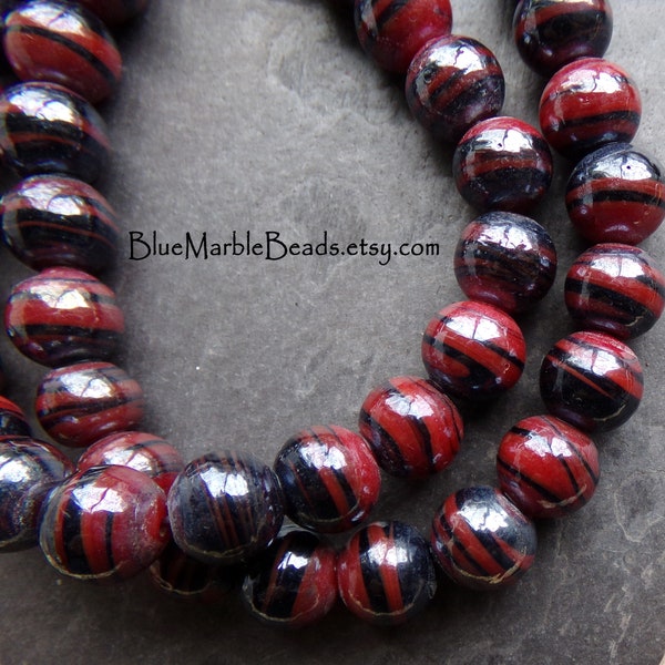 20 Vintage Hand Spun Glass Beads, Red & Black Glass, 10mm, Handmade Glass Beads, Marble Glass Beads, Silver Luster, Boho Beads, Round Beads