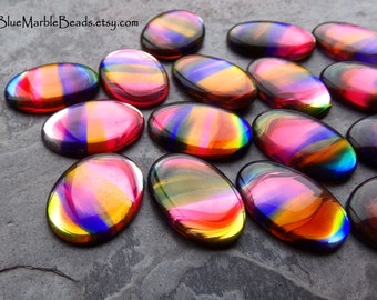 2 Vintage Rare Iris Striped Rainbow Oval Glass Cabochons, 25 x 18, Flat Back, Stained Glass, West German, Oval Cabochon, Multi Colored Cab