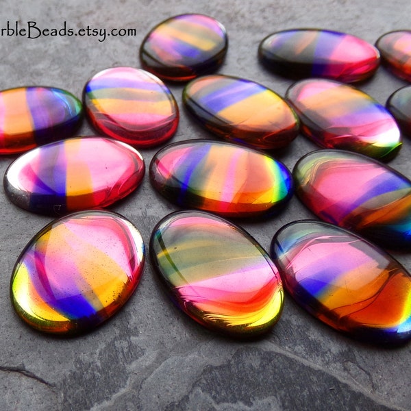 2 Vintage Rare Iris Striped Rainbow Oval Glass Cabochons, 25 x 18, Flat Back, Stained Glass, West German, Oval Cabochon, Multi Colored Cab