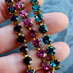 1 Foot Vintage Preciosa Crystal SS29 Rhinestone Chain, 6mm Stones,By The Foot, Amethyst, Blue Zircon, Fuchsia, Choose Your Color, Boho Chain