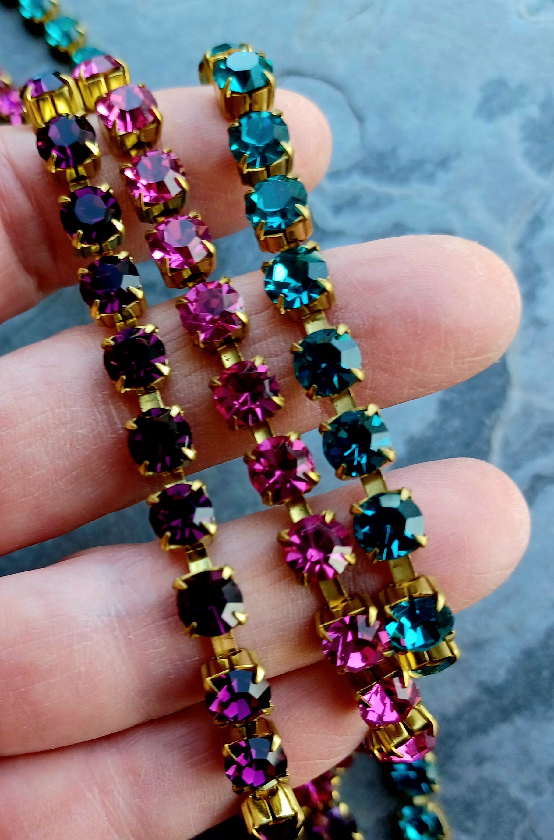 1 Foot Vintage Preciosa Crystal SS29 Rhinestone Chain, 6mm Stones,By The Foot, Amethyst, Blue Zircon, Fuchsia, Choose Your Color, Boho Chain