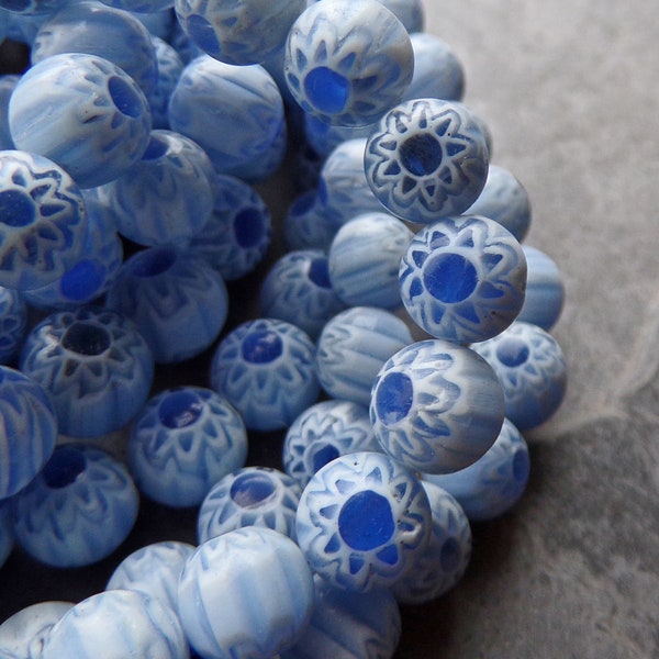 1 Full Strand Vintage Glass Chevron Beads, Round Beads, Unique Beads, Blue Beads, Sun Beads, 7mm, Boho Beads, 50+ Beads, Blue & White Beads