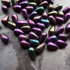 20 Purple Iris Metallic Glass Teardrop Beads, Czech Glass Beads, Boho Beads, Metallic Beads, Iris Beads, Peacock Colors, 10 x 6, Pear Shaped