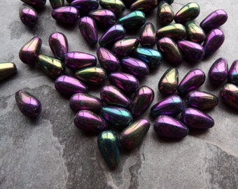 20 Czech Glass Teardrop Beads, Purple Iris Metallic, Peacock Colors (10x6mm)