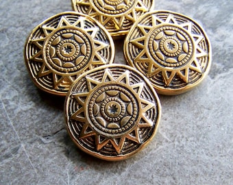 Vintage Gold überzogene metallisierte geätzte verzierte Lucite Aztec Sun Burst-Runde Linsenperlen-4 Perlen