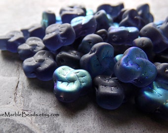 16 Glass Flower Beads, Montana Blue AB, Glass Trillium Flower Beads, Czech Glass Beads, Pressed Glass, Blue Flower Beads, 9mm, Spring Beads