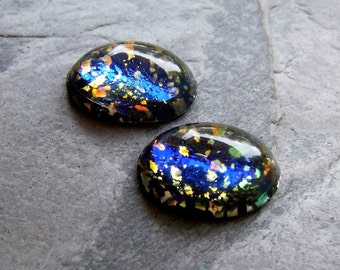 4 Black Opal-Cabochon-Glass Oval Cabochon-Rare Cabochon-Vintage Black Fire Opal Glass Oval Cabochons-14 x 10