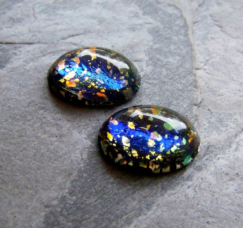 4 Black Opal-Cabochon-Glass Oval Cabochon-Rare Cabochon-Vintage Black Fire Opal Glass Oval Cabochons-14 x 10 image 1