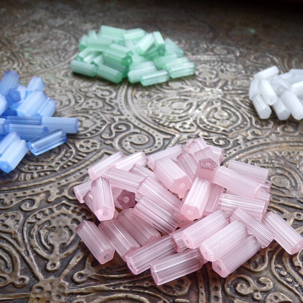 30 Vintage Satin Atlas Beads, Tube Beads, Satin Beads, Vintage Beads, 10 x 4, Choose A Color, Pink, Green, White, Blue, Frosted Glass Bead