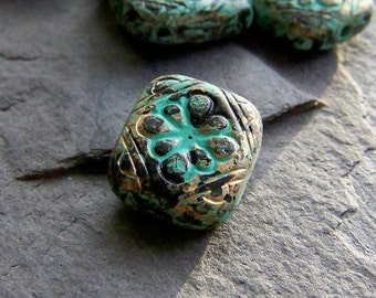 10 Verdigris Patina and Gold Etched Acrylic Floral Tab Beads, 12mm, Boho Jewelry Supplies, Flower Beads, Verdigris Beads, Etched Beads