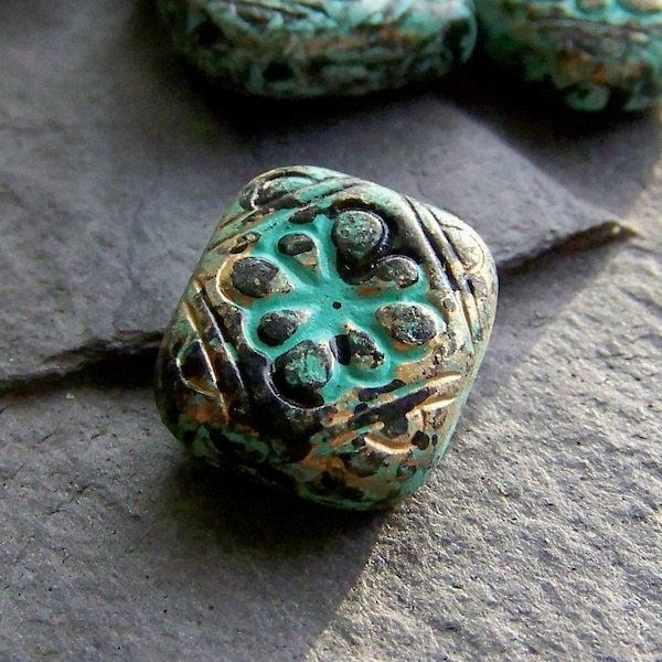 10 Verdigris Patina and Gold Etched Acrylic Floral Tab Beads, 12mm, Boho Jewelry Supplies, Flower Beads, Verdigris Beads, Etched Beads