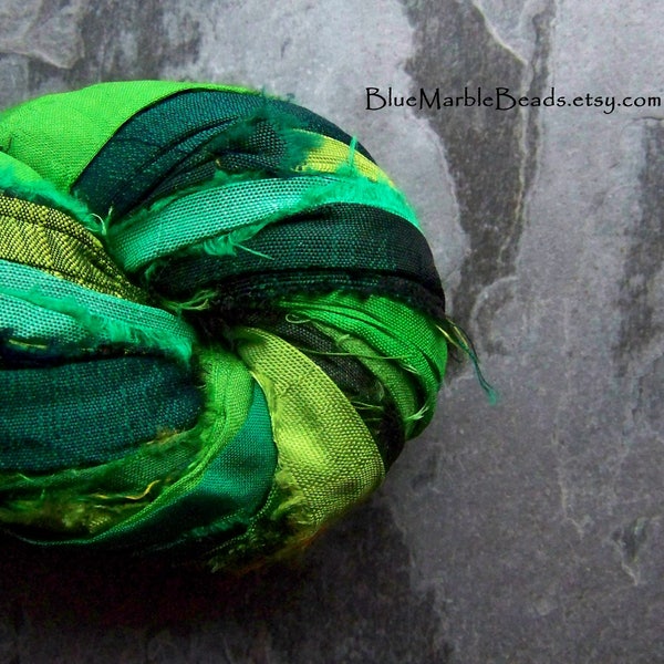 Recycled Sari Ribbon, Striped Ribbon, Silk Sari Ribbon, Reclaimed, Green Ribbon, Tassel Ribbon, Vibrant Colors, Boho Ribbon, India, 5 Yards