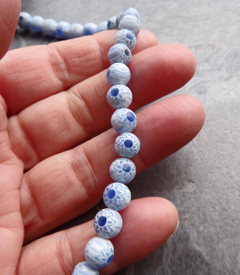 1 Full Strand Vintage Glass Chevron Beads, Round Beads, Unique Beads, Blue Beads, Sun Beads, 7mm, Boho Beads, 50 Beads, Blue & White Beads image 4