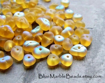 30 Glass Nugget Beads, Yellow AB, Matte Beads, Czech Glass Beads, Boho Beads, Frosted Glass Beads, Half Coat, 7mm, Pebble Beads, Unique Bead