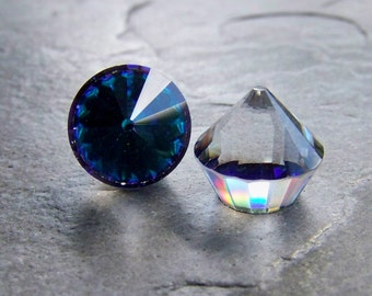 2 Vintage Swarovski Crystal Bermuda Blue Z Roulette Stone, Article 4866, 14mm, DS & Co, Pointed Top, Faceted Cabochon, High Domed, Flat Back