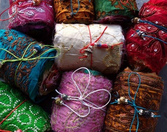 1 Roll of Recycled Silk Sari Fabric Trim Remnants, Scrap Fabric, Recycled Silk Sari, Embellished Silk Trim, Mixed Media, Boho Fabric, Scrap