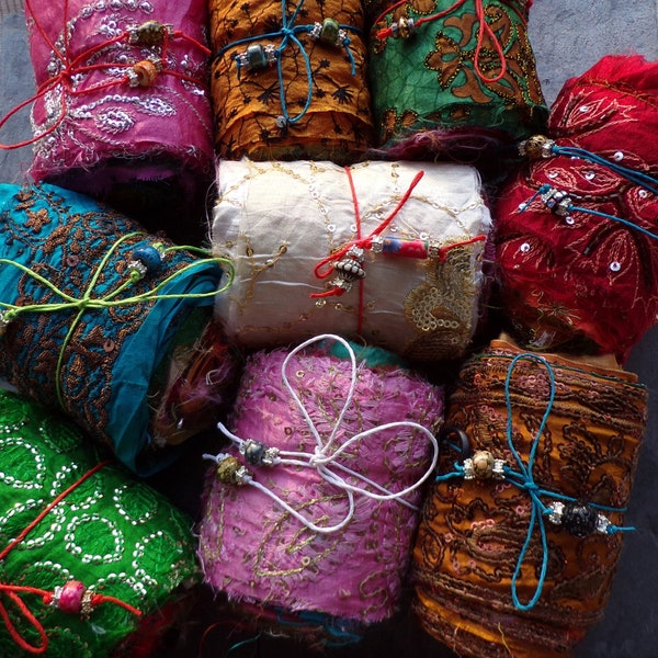 1 Roll of Recycled Silk Sari Fabric Trim Remnants, Scrap Fabric, Recycled Silk Sari, Embellished Silk Trim, Mixed Media, Boho Fabric, Scrap