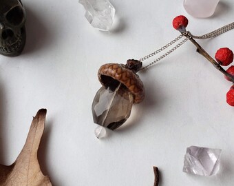 Real Acorn Cap With Smokey Quartz Necklace