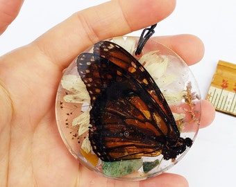 Real Monarch Butterfly Daisy and Crystal Statement Necklace