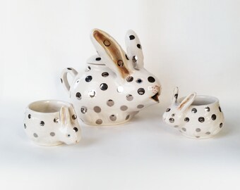 Silver Polka dotted Bunny Tea Set