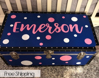 Personalized Camp Trunk Name and Polka Dots - Custom Name Decal - Brush Lettering Name - Hand Lettering - Summer Camp Trunk -  Happy Camper