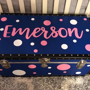 Personalized Camp Trunk Name and Polka Dots - Custom Name Decal - Brush Lettering Name - Hand Lettering  -  Happy Camper