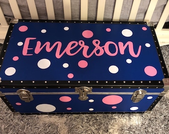 Personalized Camp Trunk Name and Polka Dots - Custom Name Decal - Brush Lettering Name - Hand Lettering  -  Happy Camper