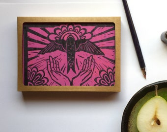 Folk art packaged card set, hot pink bird in flight notecard set, aviary swallow gift, bird art notecards, note card set unique stationery