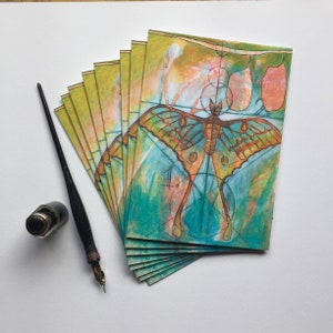 Moth packaged card set, notecard set, textured watercolor paper  turquoise stationary, watercolor luna moth cards notecards