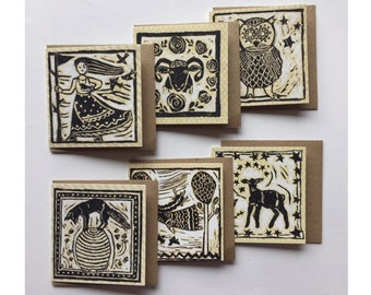 Whimsical folk art block print mini note card set, mini square notecards, mini stationary, enclosure cards, mini print note cards, linocut