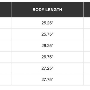 May include: Size chart for a garment with measurements in inches for XS, S, M, L, XL, and 2XL sizes. The chart shows body length and bust measurements.