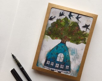 Tree house art notecard set, flying bird blank notecards, 5 x 7 cards, recycled paper cards, whimsical card, moving card, new home card