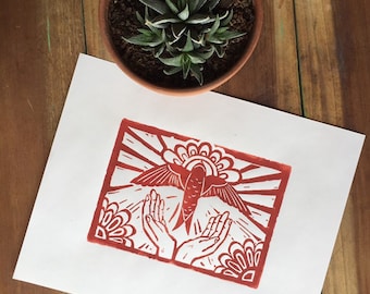Handmade swallow folk art print, original bird wall art lino print by Santa Fe artist, new mexico art, rustic linocut gift for bird lovers