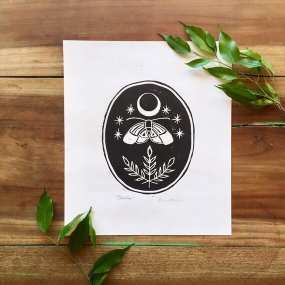 Luna moth with crescent moon art print, moth art print, celestial wall art, gothic art print, occult art, hand printed witchy art print