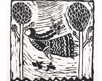 Handmade original lino print, hand printed woodcut art, bohemian wall art, whimsical nursery wall art, block print art, folk art printmaking