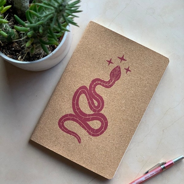 Witchy eco-friendly vegan notebook, A5 journal with recycled paper ruled pages, and block print snake art with cork cover