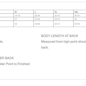 May include: Product measurement chart for clothing sizes XS through 4XL. Measurements are listed for bust, body length at back, and sleeve length from center back. Measurements are in inches.