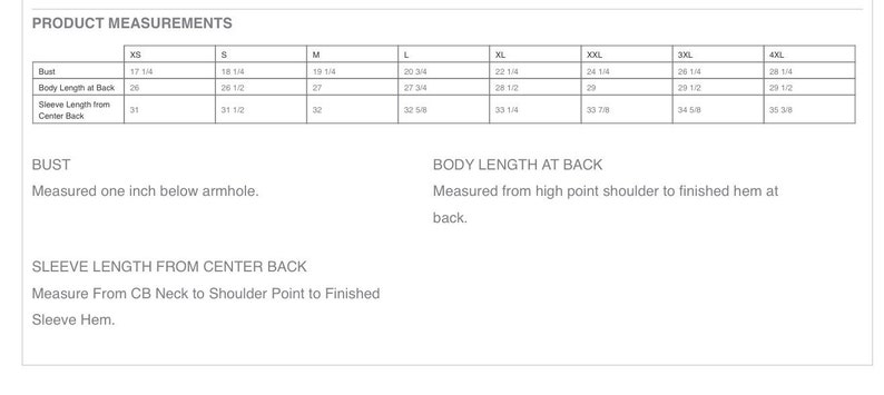 May include: Product measurement chart for clothing sizes XS through 4XL. Measurements are listed for bust, body length at back, and sleeve length from center back. Measurements are in inches.