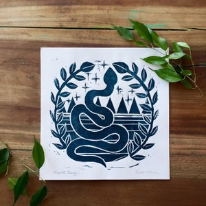 Hand printed serpent snake wall art, occult witchy art print, snake linocut print, mystical art, gothic art print, celestial block print