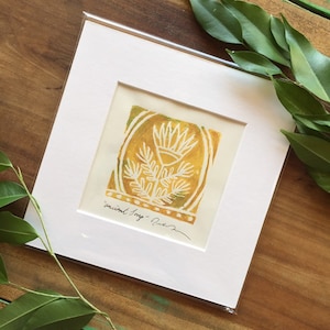 Ochre linocut mini art print, block print art, simple print lino art, relief print small artwork, botanical handmade artist print, art print