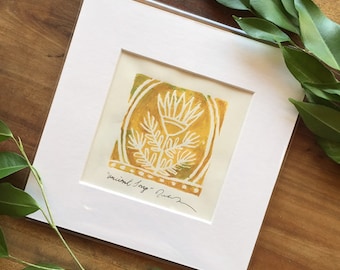 Ochre linocut mini art print, block print art, simple print lino art, relief print small artwork, botanical handmade artist print, art print