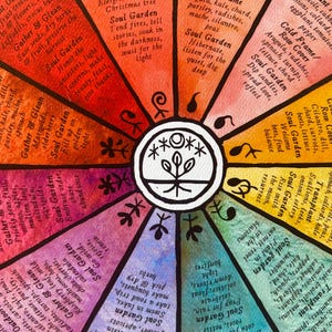 Puede incluir: Un colorido diagrama de rueda de acuarela con texto sobre jardiner&iacute;a, incluyendo secciones "Soul Garden" y "Gather & Glean". El diagrama presenta un emblema central y varios t&eacute;rminos relacionados con las plantas.