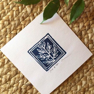 Indigo blue print tiny wall art, linocut mini art print, natured themed print, navy blue art print, handmade wall decor, tiny indigo art