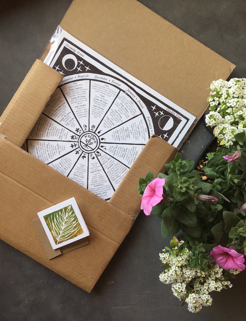 Puede incluir: Una caja de cart&oacute;n marr&oacute;n con un calendario de jardiner&iacute;a blanco y negro en su interior. El calendario es una rueda con los meses y las tareas de jardiner&iacute;a enumeradas alrededor del borde. La caja est&aacute; abierta y hay dos plantas en maceta con flores blancas y rosas en la mesa junto a ella.