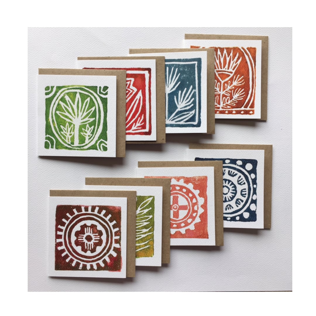 Colorful Block Print Mini Note Card Set of 8, Mini Square Notecards ...