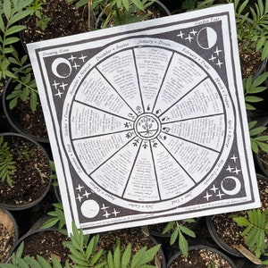 Puede incluir: Un diagrama circular en blanco y negro con un dise&ntilde;o de luna y estrellas. El diagrama est&aacute; dividido en 12 secciones, cada una representando un mes del a&ntilde;o. Cada secci&oacute;n incluye una lista de tareas de jardiner&iacute;a para ese mes, como plantar, podar y cosechar. El diagrama se titula "A&ntilde;o del jard&iacute;n".